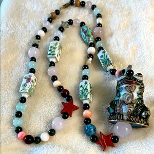 Cloisonné Frog on Beaded Gemstone Necklace with Floral Beads and Red Stone Stars